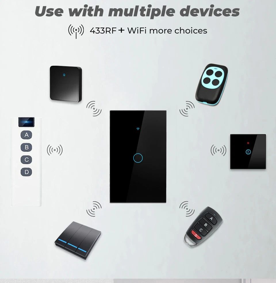 Tuya US WiFi Smart Wall Switch RF433 1/2/3 Gang No Neutral Wire Touch Sensor LED Light Switches Smart Home Alexa Google Home