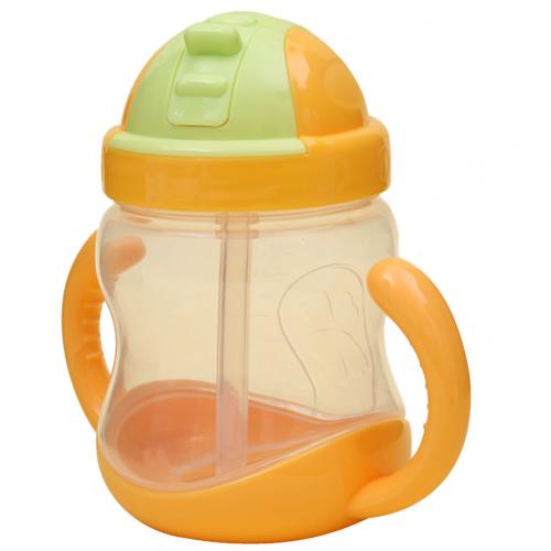 280 ml fodringsflasker med brede mundkopper tæthedsstrå suges vand med håndtag mælkesilikone babyer, der drikker træning: Gul