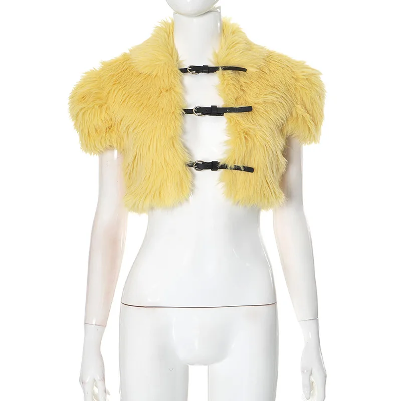 Fluffiga fuskpälsjackor för kvinnor crop top turn down krage korta ärmar bältesspännen koftor kappa varm väst ytterkläder: M / Gul
