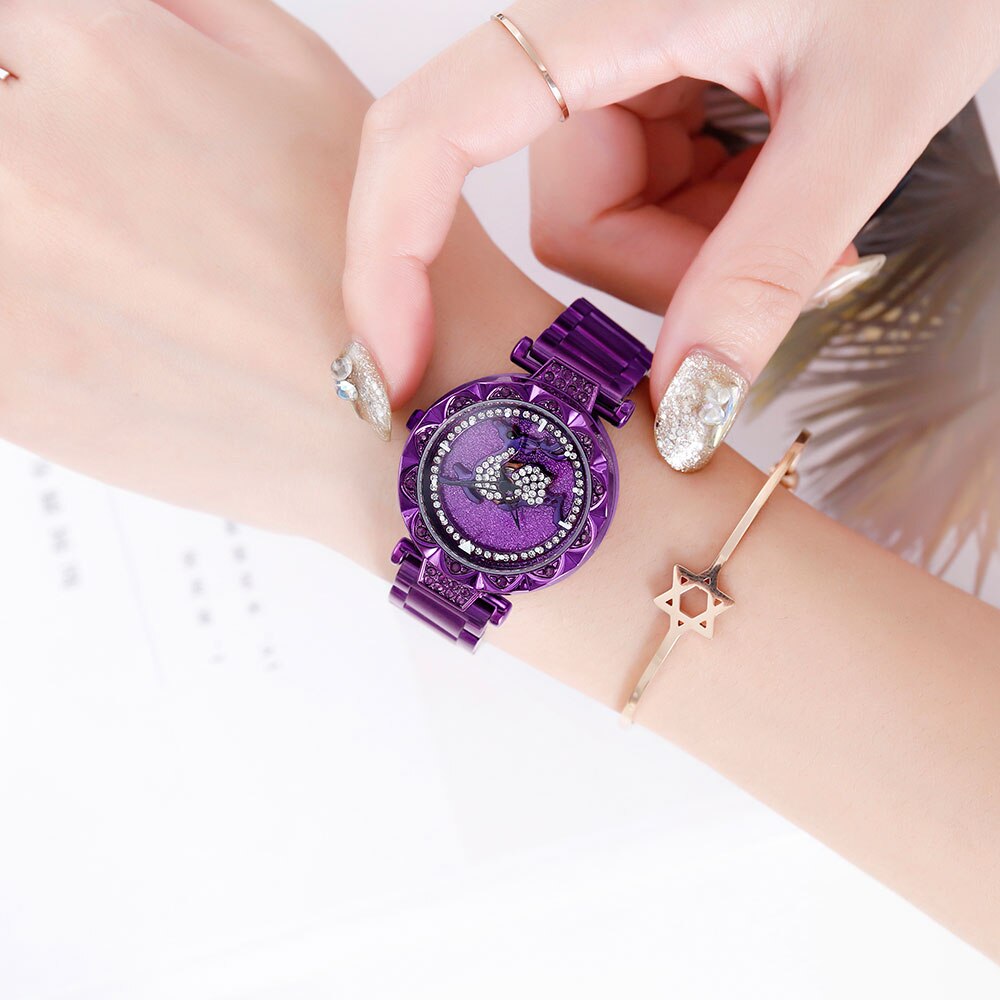 Sanda dameshorloge met kristal, diamant, draaibare wijzerplaat, leren stalen magneet, waterdicht quartzhorloge