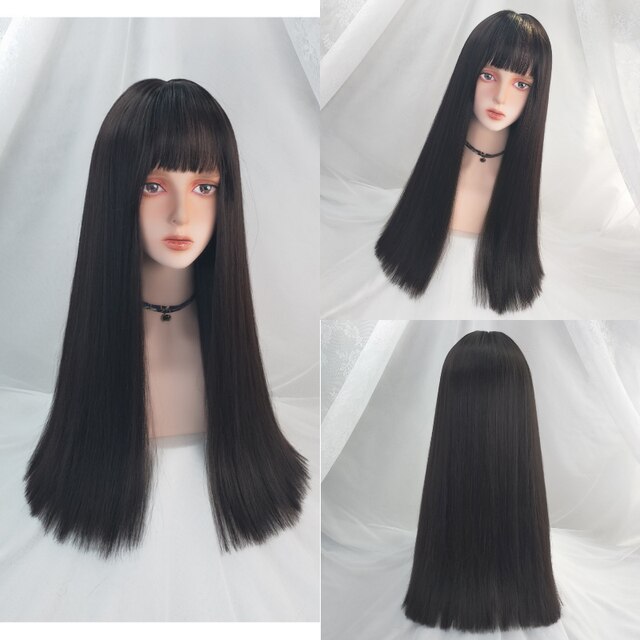 VICWIG Medium Length Cosplay Wig With Bangs Light Orange Synthetic Straight Hair Heat-resistant Rose Net Wigs For Women: Natural Black