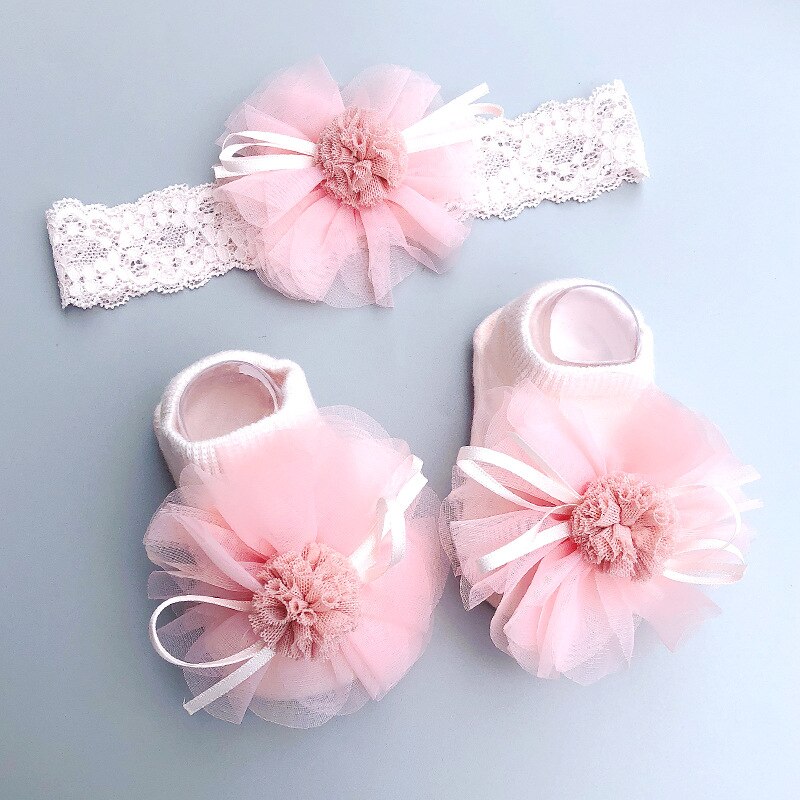 Baby Meisje Sokken Hoofdband Set Kant Bows Pasgeboren Meisje Head Bands Baby Crown Tulband Korte Sokken Peuter Haar Accessoires 3 stks/set: A