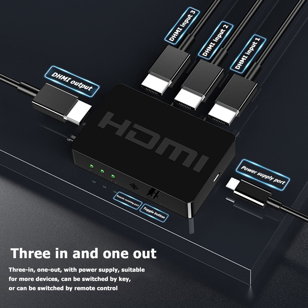 3 Port 1080P HDMI Switcher Plug Play Convenient Quick Operate 3x1 HDMI Splitter with Remote Control for PS4 TV Box