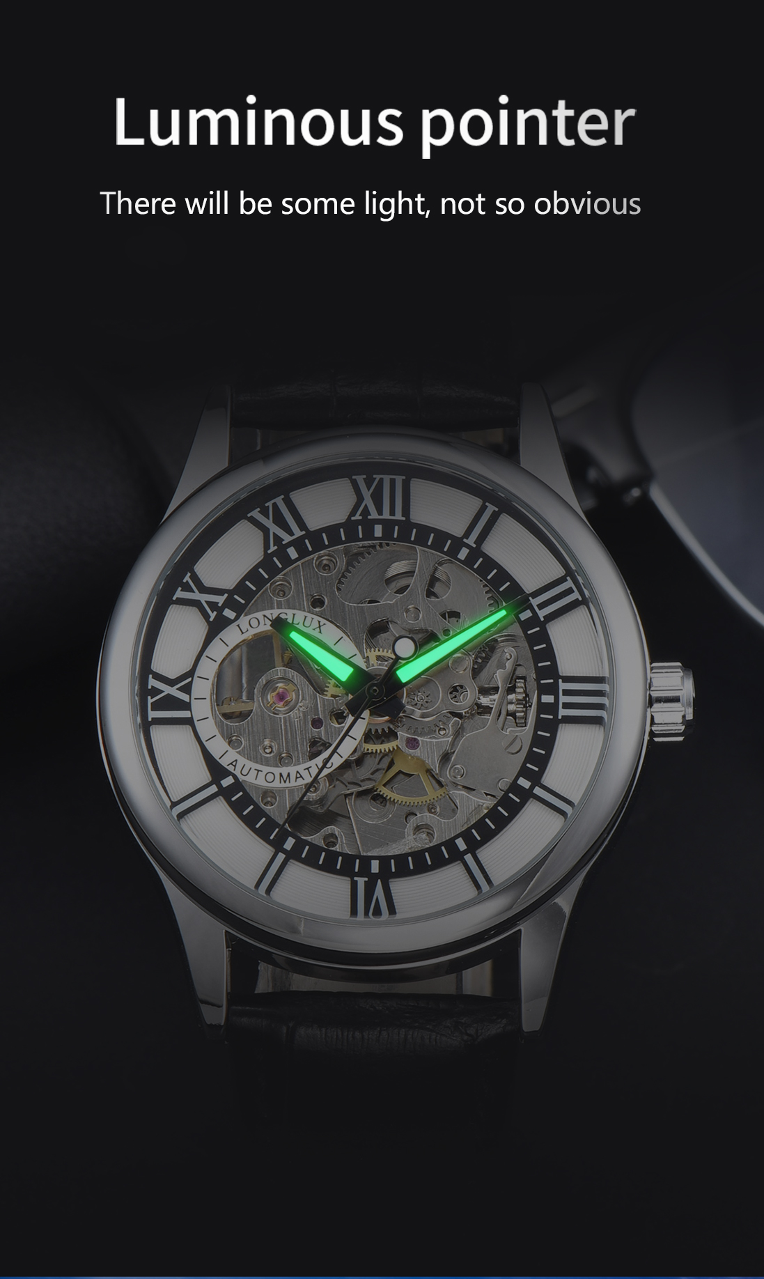 Reloj Automático LONGLUX, , relojes de pulsera mecánicos, reloj de cuero hueco resistente al agua para hombre, para hombre