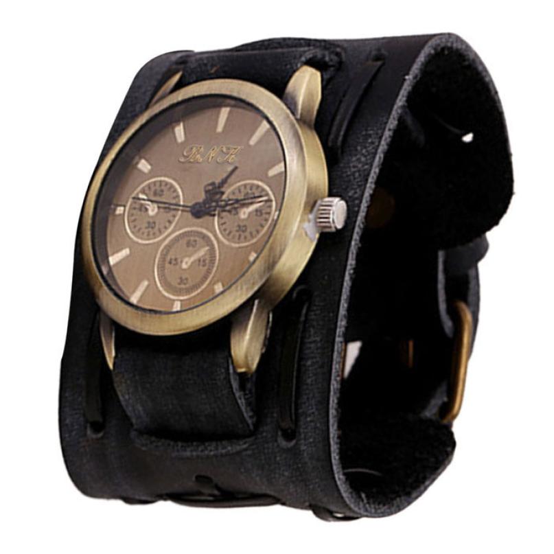 Retro punk rock brunt stort brett läderarmband manschett herrklocka kvarts armbandsur horloges xfcs saat klocka: Svart