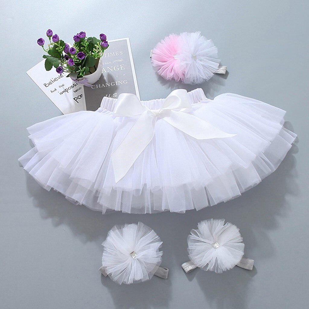 Småbørn barn baby pige mesh sløjfe hårbånd fodstrop prinsesse nederdel flerlags blonder tutu baby pige tøj