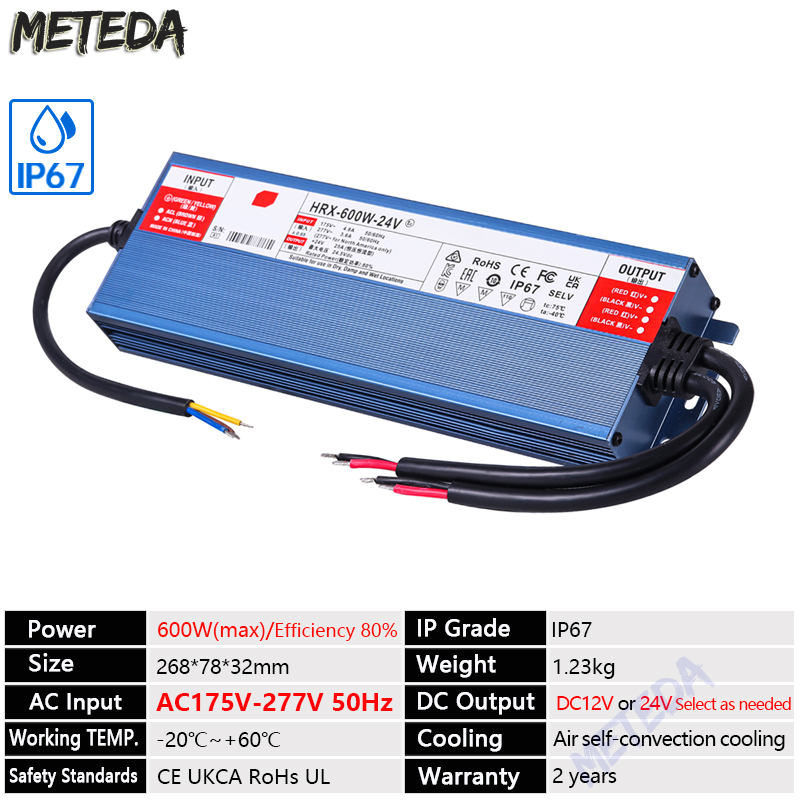 Transformador de iluminación de fuente de alimentación impermeable IP67 AC100V ~ 277V a DC 12V 24V Controlador LED 100W 200W 300W 400W 500W adaptador para exteriores: Naranja / 230 V