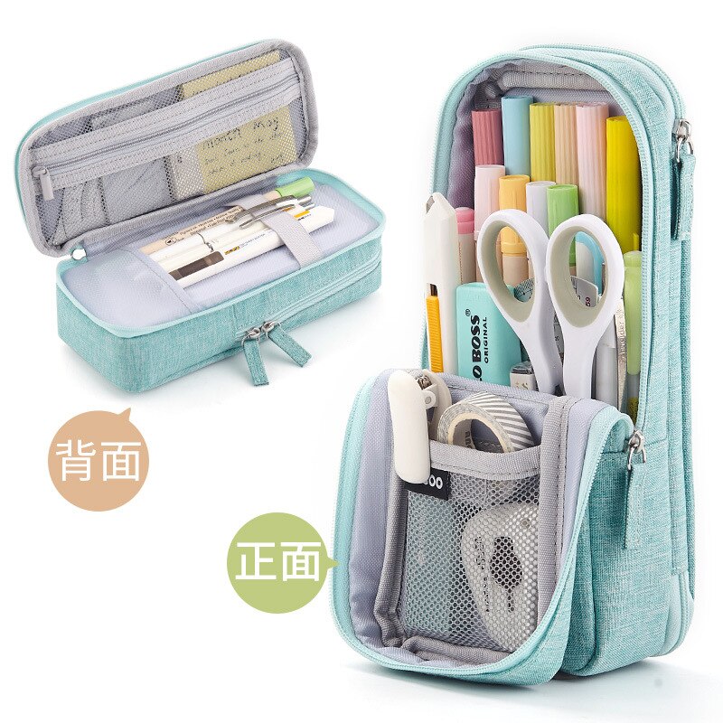 Trousse à stylos coréenne, étui pliable à deux couches, support en tissu pour téléphone, pochette de rangement pour papeterie bureau école: green