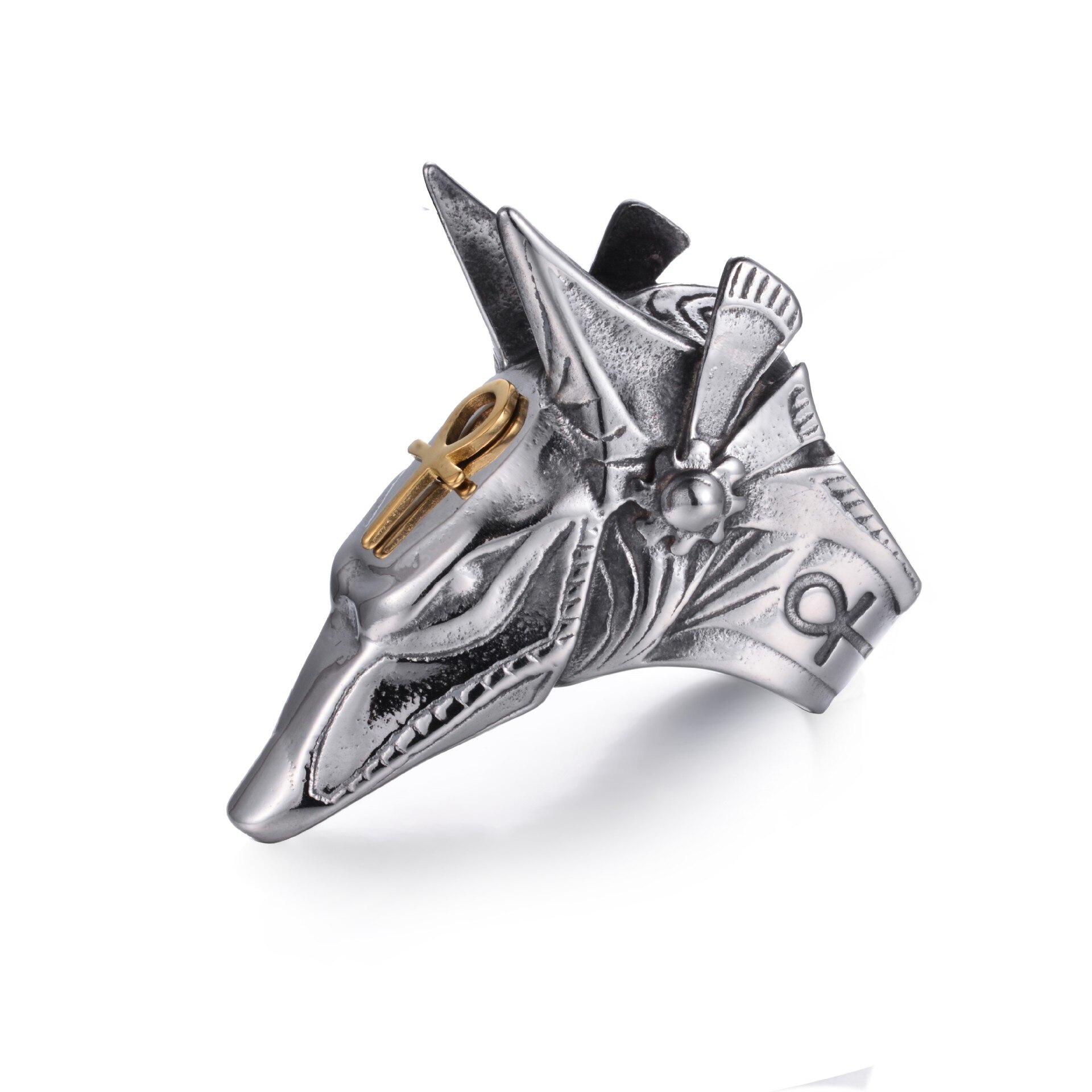 Bleknar aldrig rostfritt stål egypten kors anubis gud fingerringar för män kvinnor punk varghuvud knogring boho statement smycken