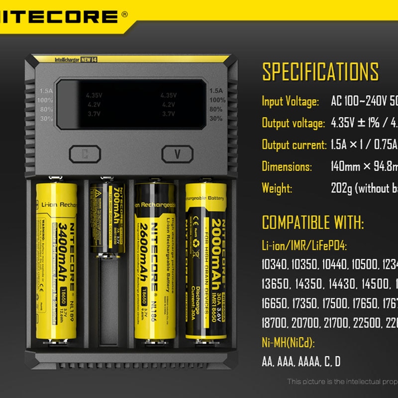 Nitecore I4 Battery Charger 18650 14500 16340 26650 LCD Li-ion Fast Charger 12V Charing for A AA AAA Battery Car Charger C2