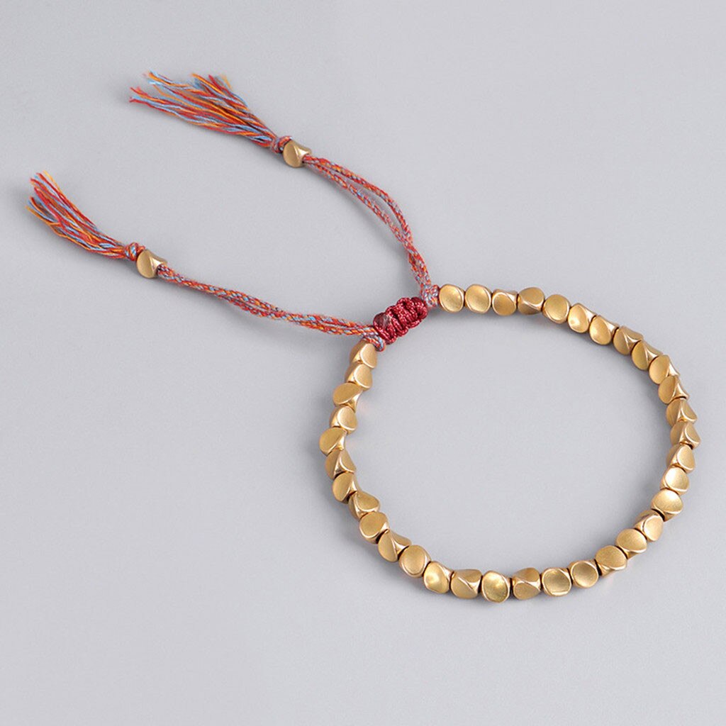 Handmade Tibetan Copper Bead Rope Bracelet & Bangles Unisex Wax Thread Bracelets Matte Gold Color Copper Beads Bracelet