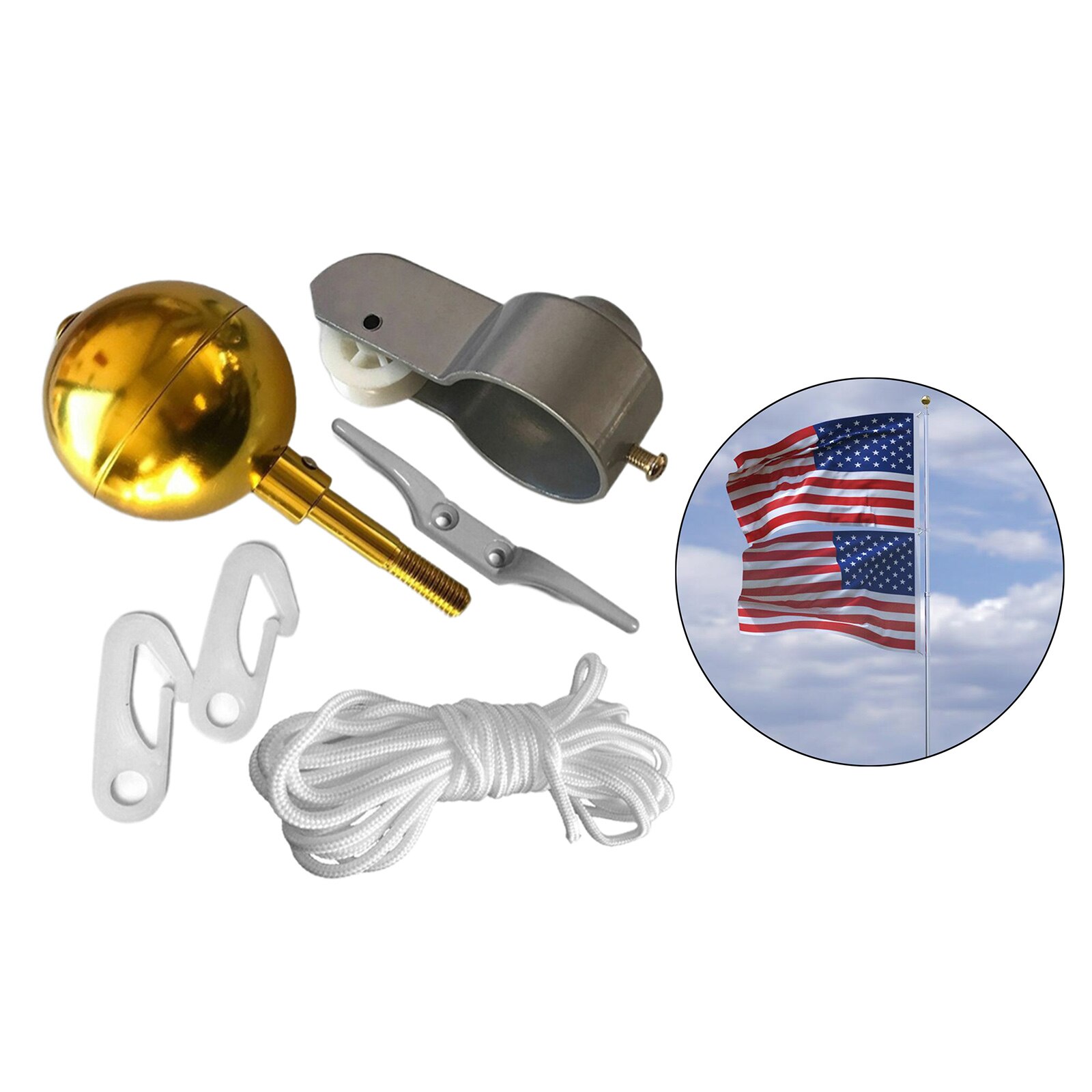 Flag Pole Hardware Repair Kit 3&quot; Ball Top Ornament Cleat Hook 4 Snap Hooks,