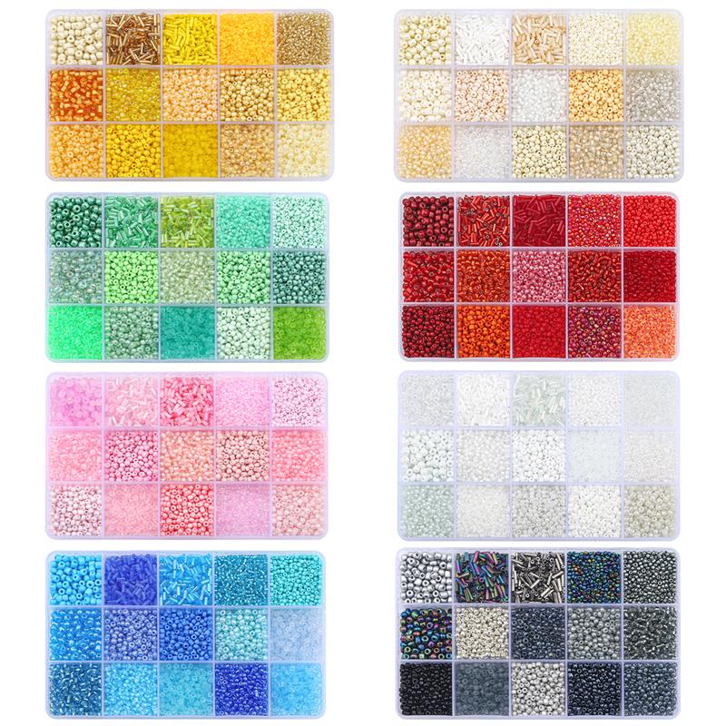 Juego de cuentas de vidrio de 15 colores para hacer pulseras, cuentas espaciadoras sueltas con caja de almacenamiento, Kit de cuentas de tubo para manualidades, dijes de collares