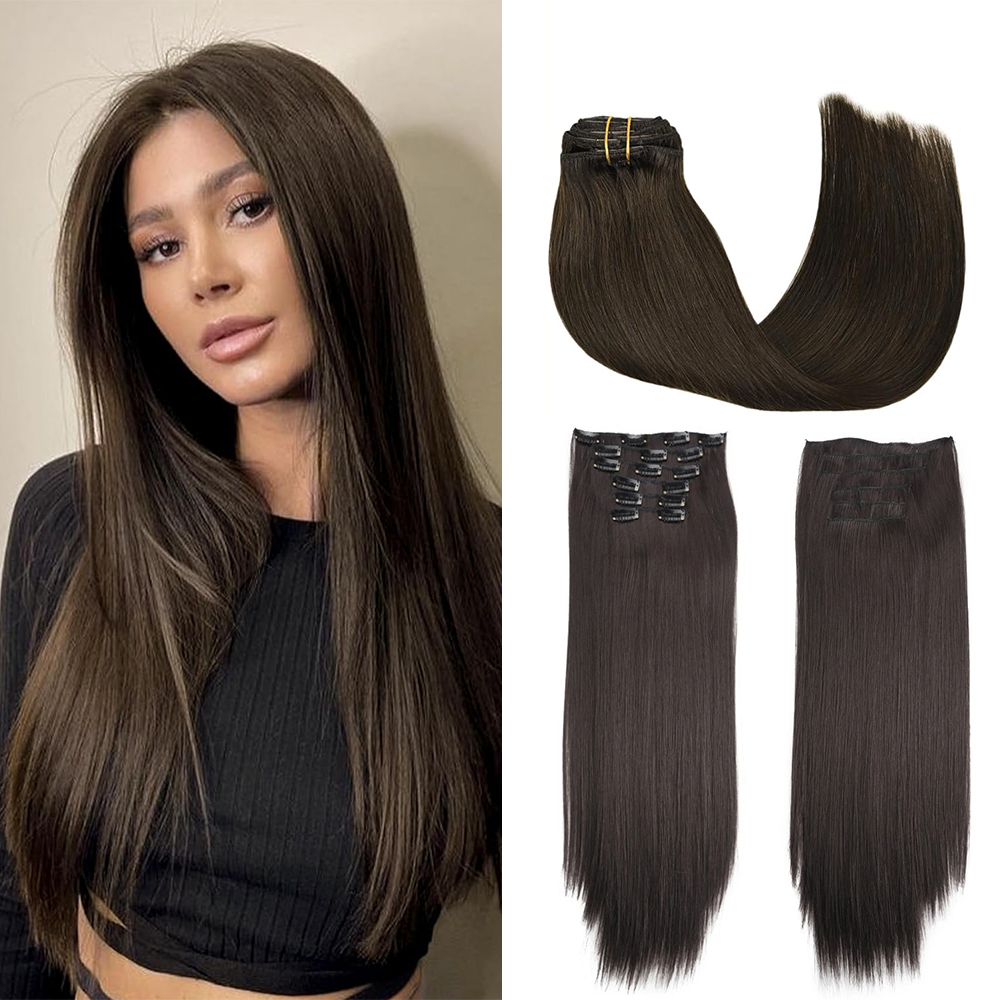 Grampo em extensões de cabelo sintético 24 Polegada longo invisível natural em linha reta 6 pçs grosso sem costura clipe em extensões de cabelo para mulher