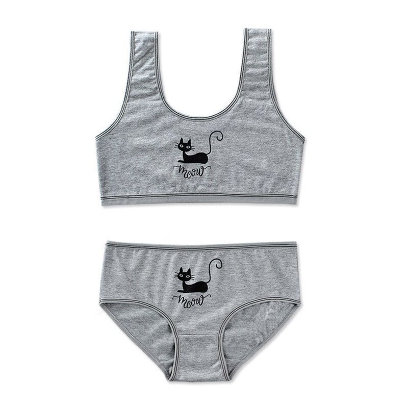 Adolescenti ragazze 2 pezzi Set di biancheria intima simpatico gatto nero stampa cinturino largo reggiseno da allenamento gilet a righe Top e mutandine abbinate sport U