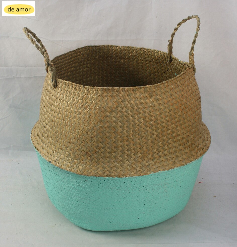 Storage Basket Wicker Planter Flower Baskets Laundry Storage Decorative Basket Pot Rattan Flower Planters Household OrganizerM18: Skyblue Bottom