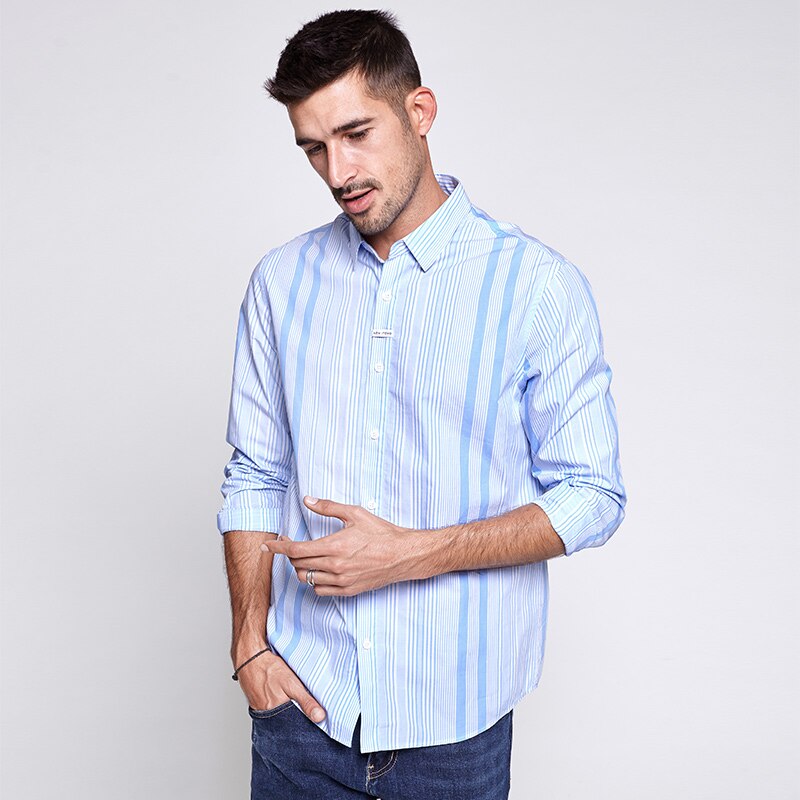 KUEGOU-camisas de algodón 100% para hombre, ropa a rayas de , Top de manga larga de , talla grande, BC-20514
