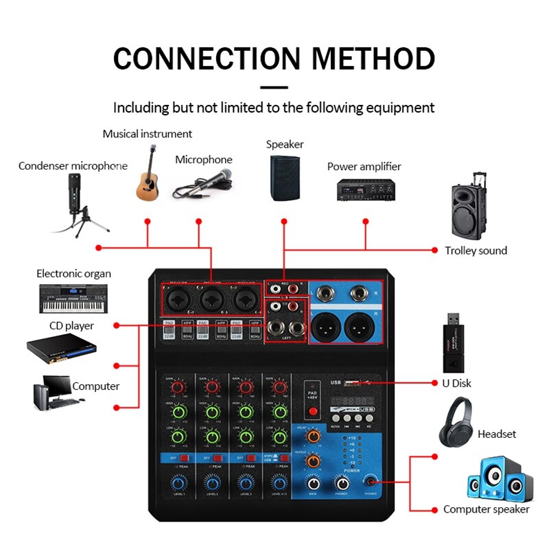 5 Kanaals Bluetooth Mixer Audio Professionele Studio Dj Mixer Galm Controller Smartphone Computer Opname Geluidskaart