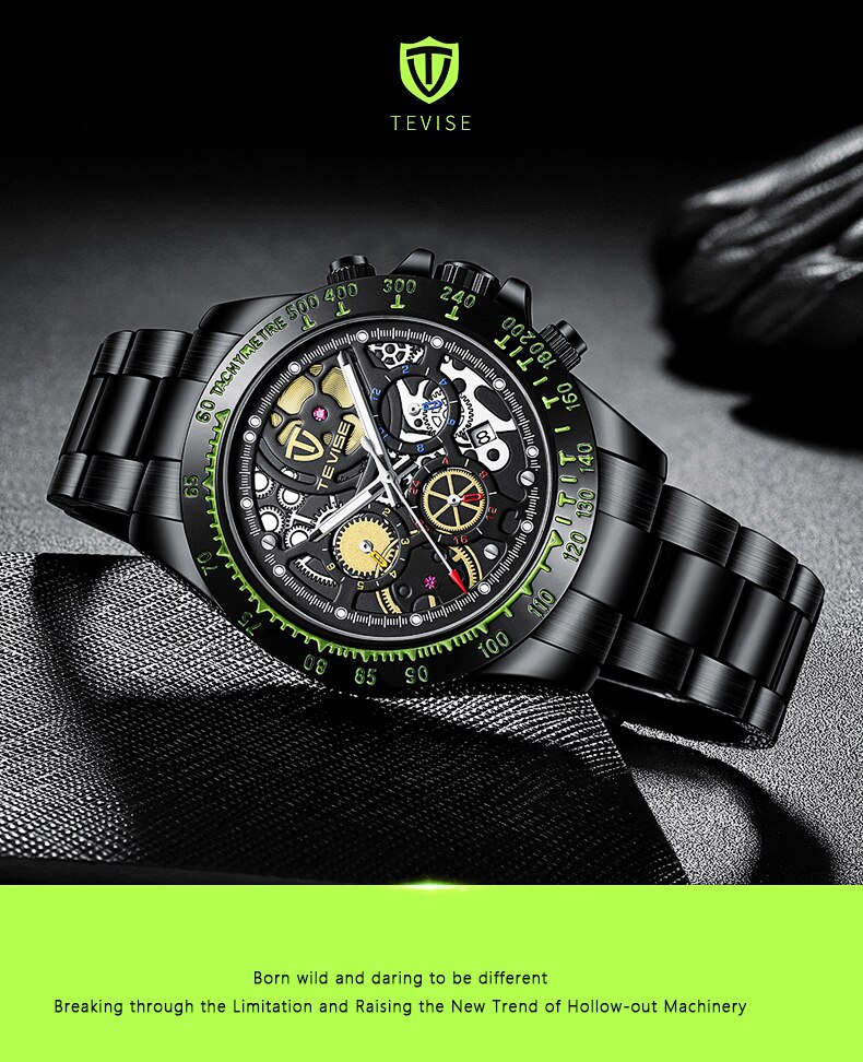 de TEVISE automatique mécanique hommes montre tout noir en acier inoxydable chronographe Date cadran hommes montre-bracelet mâle horloge
