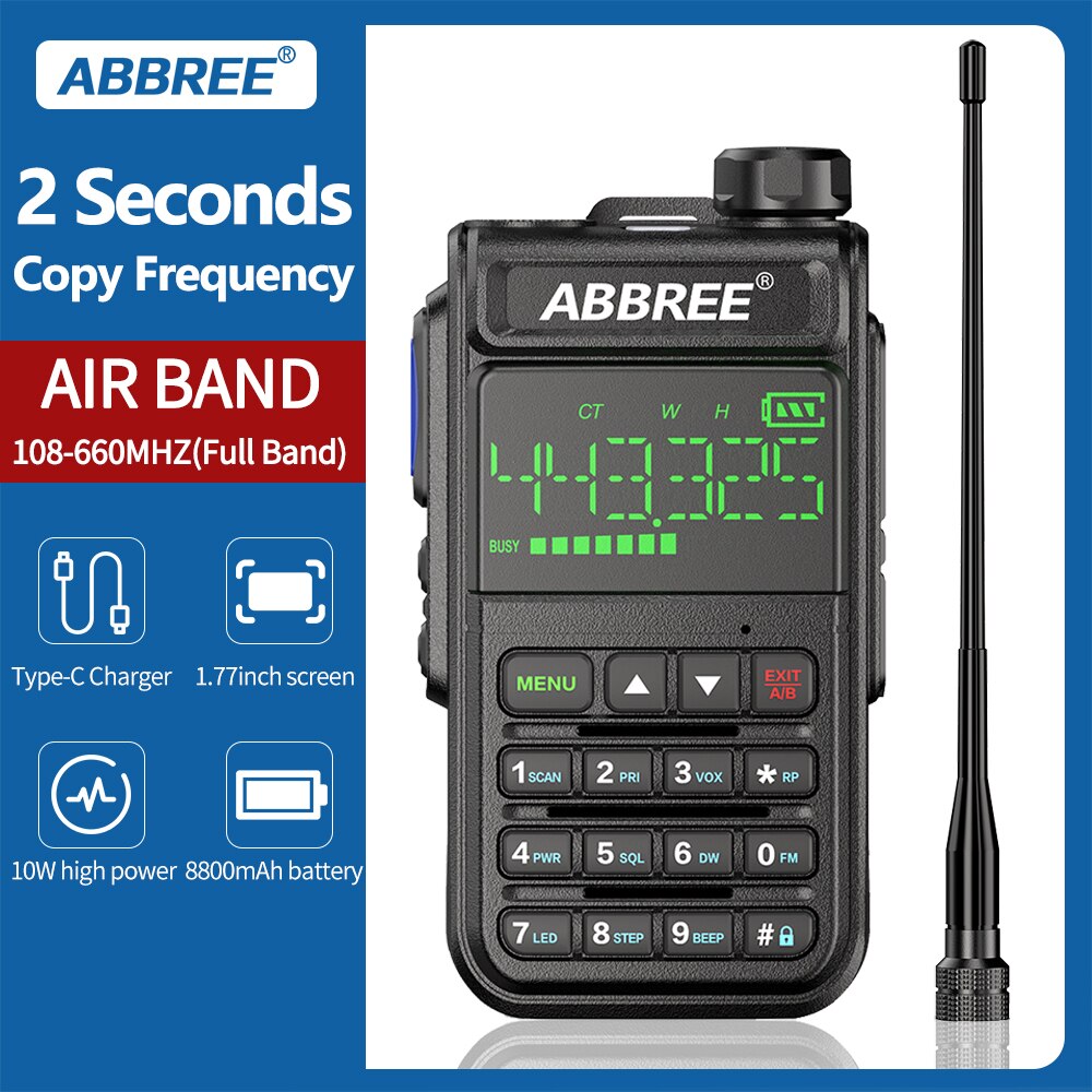 ABBREE-walkie-talkie de banda aérea AR-518, Radio de 2 vías con pantalla integrada, frecuencia de copia inalámbrica de 108 &quot;, 660-1,77 MHz