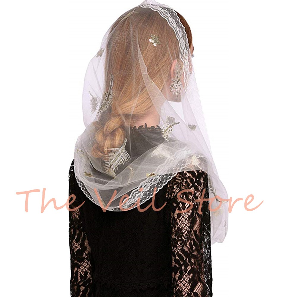 D Vorm Vrouwen Mantilla Sluiers Voor Kerk Katholieke Tule Geborduurd Latin Massa Zwart Pailletten Traditionele Hoofdbedekking MS2003