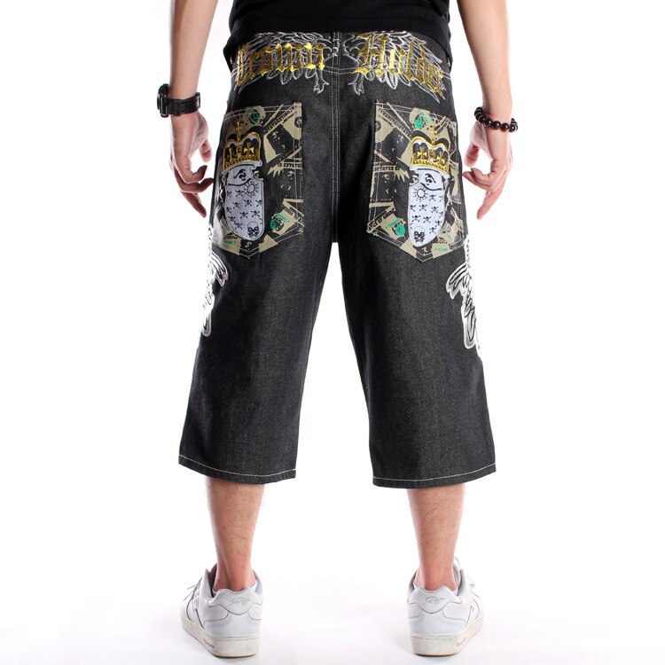 Short en jean pour hommes, jambes larges, broderie, Hip Hop, Baggy, Capri, imprimé, surdimensionné, 30-46