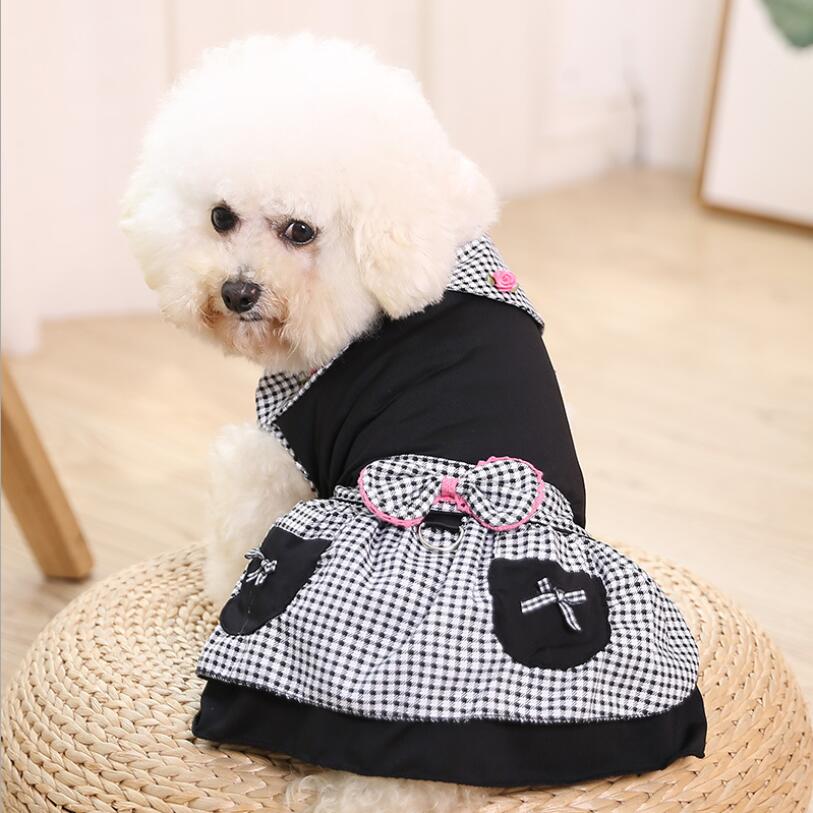 Dog Dresses Black Plaid Dog Clothes Built-in Harness Dress for Dogs Soft Rose Bowknot
