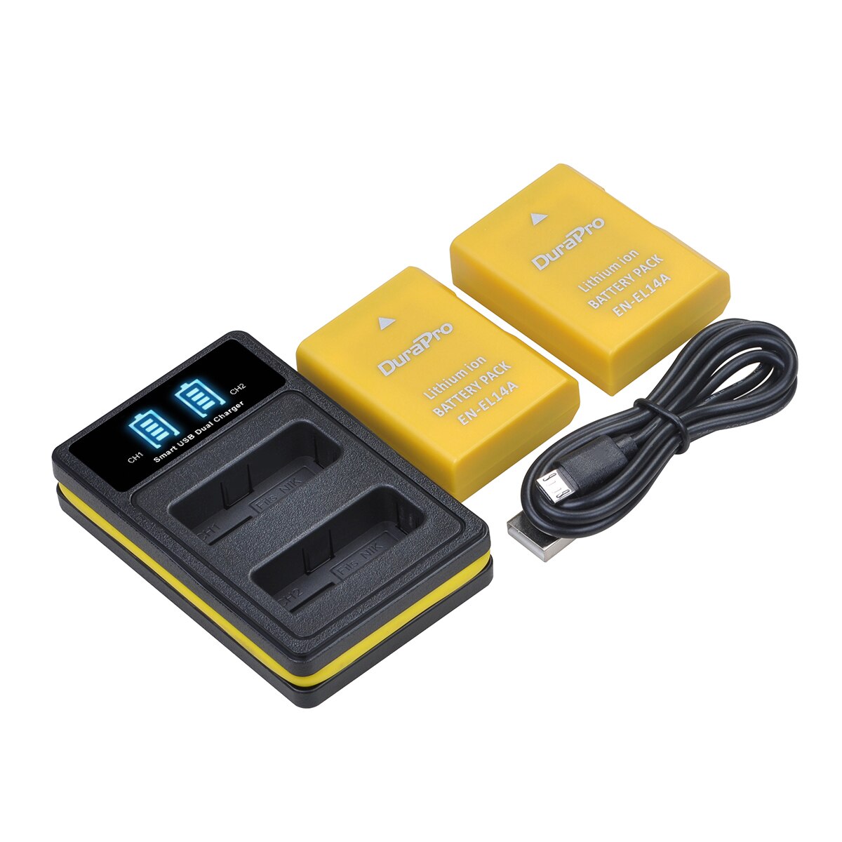 Gult batteri en -el14 en-el14a til nikon en  el14 el14a,  dslr  d5300 d5600 d3300 d5200 d3200 d5100 d5500 coolpix  p7000 p7100: Oplader og 2 batterier