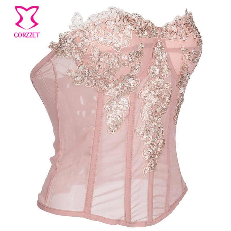 Corzzet Pink Lace Floral Appliques Sexy Lingerie Overbust Corset Lace Up Steampunk Corset Clothing Gothic Corselet