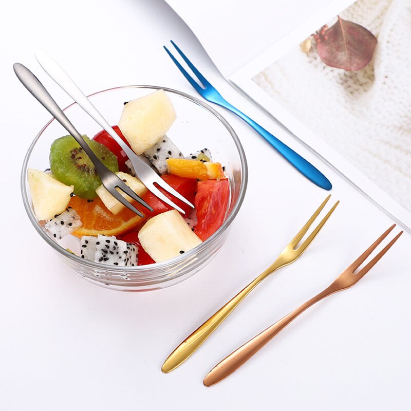 Tenedor de fruta de dos dientes de mango largo de acero inoxidable 304, tenedor dorado de postre para aperitivos y pasteles, vajilla de ensalada para en Hotel, dos dientes