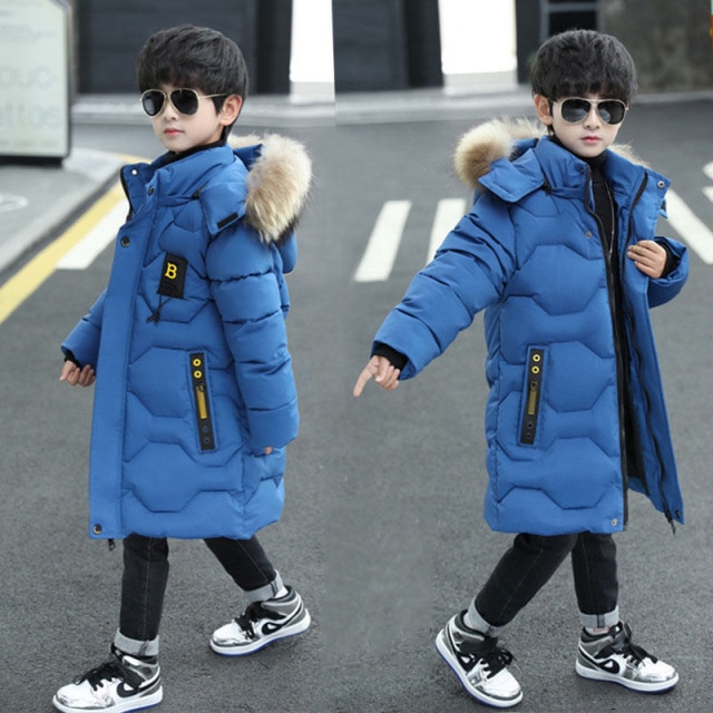 Giacca invernale in poliestere per ragazzo nuovo 2021 mantenere caldo cappotto ispessimento collo di pelliccia con cappuccio abbigliamento Casual per bambini di media lunghezza: Blu / 6T
