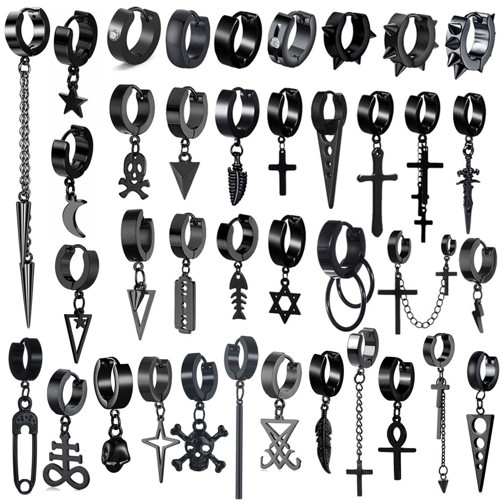 Black Punk Stainless Steel Women Men Hoop Earrings Small Trendy Round Cross Pendants Jewelry Accessories Earrings
