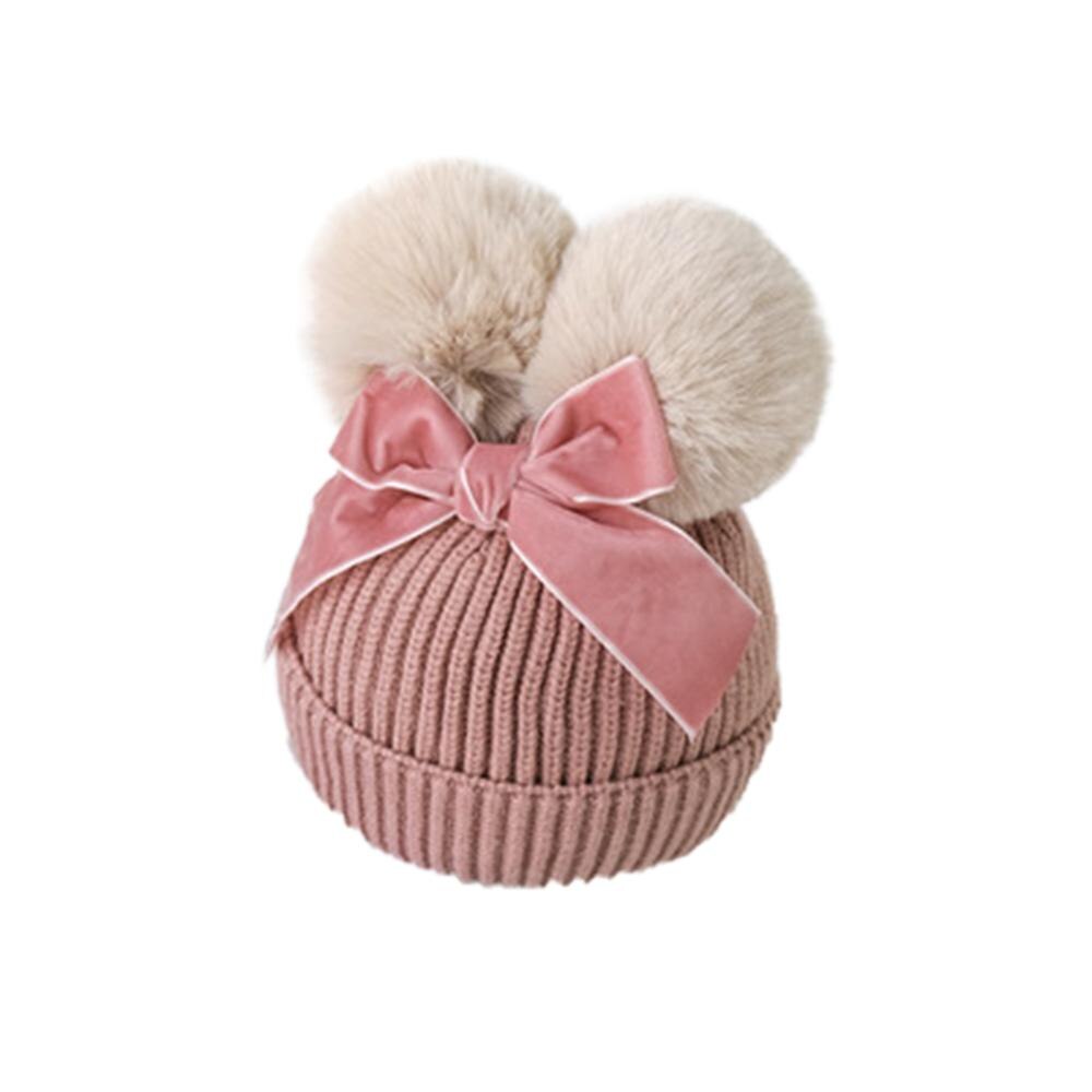 Baby Stuff Double Pompom Hat Winter Knitted Kids Baby Girl Hat Warm Thicker Children Infant Beanie Cap Bonnet Casquette Enfant: Pink