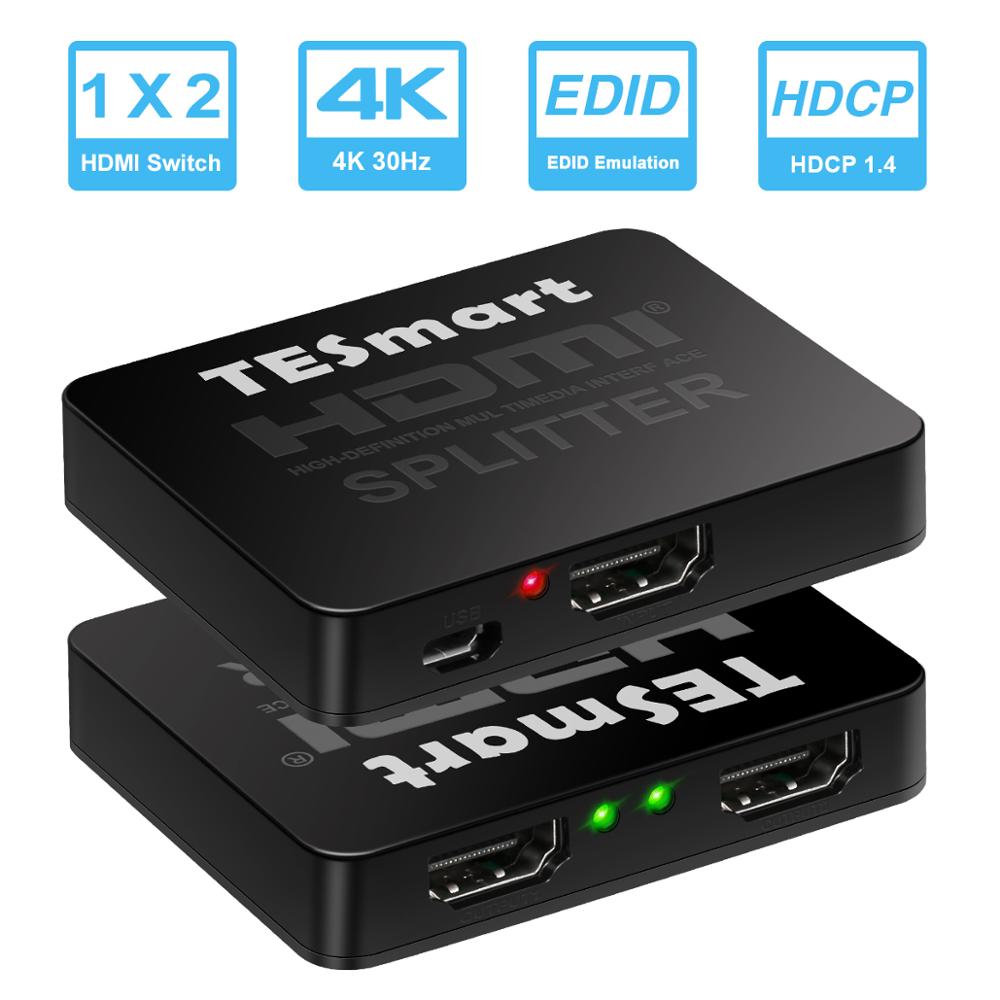 Tesmart ultra  hd 4k @ 30hz 1 x 2 hdmi splitter 1 in 2 ut, hdmi splitter 1 to 2 stöd 4 kx 2k @ 30hz 1080p 3d 2160p för dvd-spelare tv