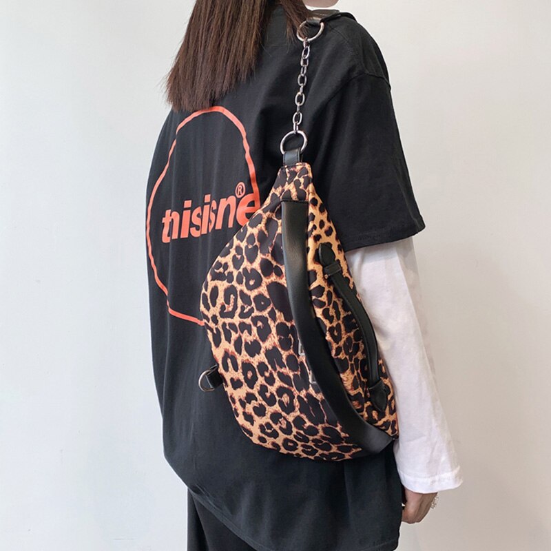 2022 neue Nylon Leopard fanny Pack Reißverschluss Kette Gürtel Tasche für Frauen Weibliche Crossbody Brust Packungen Mädchen Schulter Taille taschen