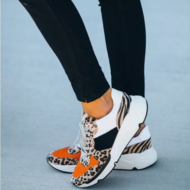Woman Sneakers Thick Platform Leopard Print Trainer Women's Vulcanized Shoes Plus Size Casual Breathable Flats Shoes: 37