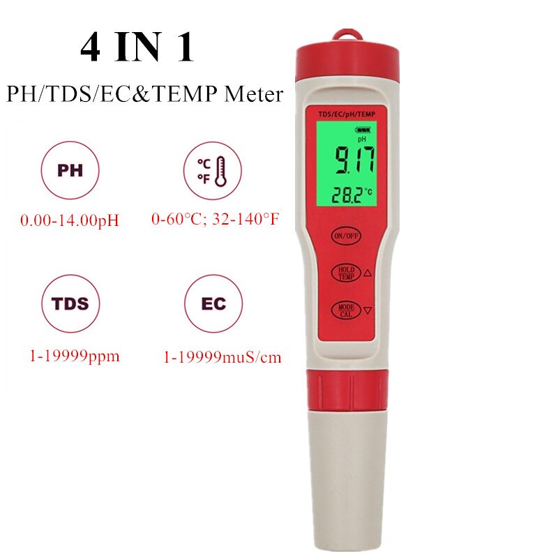 4 in 1 ph/ tds/ec/temp mätare vattentät ph-mätare vatten ph-testare för pooler, dricksvatten, akvarier 40%  off: H