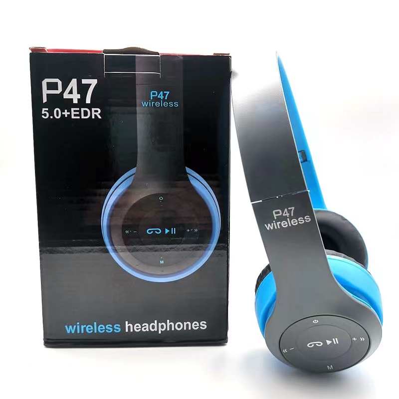 P47 Bluetooth 5.0 Wireless Headphone Foldable HIFI Stereo Bass Earphone Kid Helmet With Mic USB Adaptor For iPhone Game: Blue