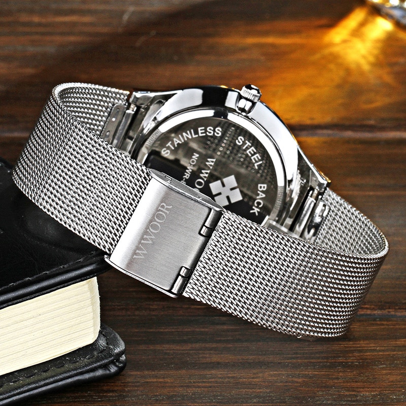 Relojes WWOOR plateados para hombre con malla de acero, superior de lujo, cuarzo ultrafino, resistente al agua, fecha, reloj de pulsera de negocios, caja Montre Homme