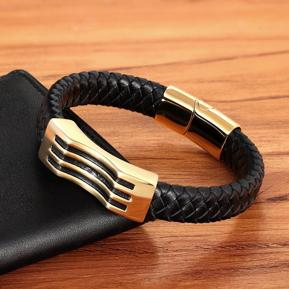¡Novedad de ! Pulseras para hombre con cadena de cuero en 3 colores, pulsera de acero inoxidable con cierre magnético a la , accesorios para hombre y mujer