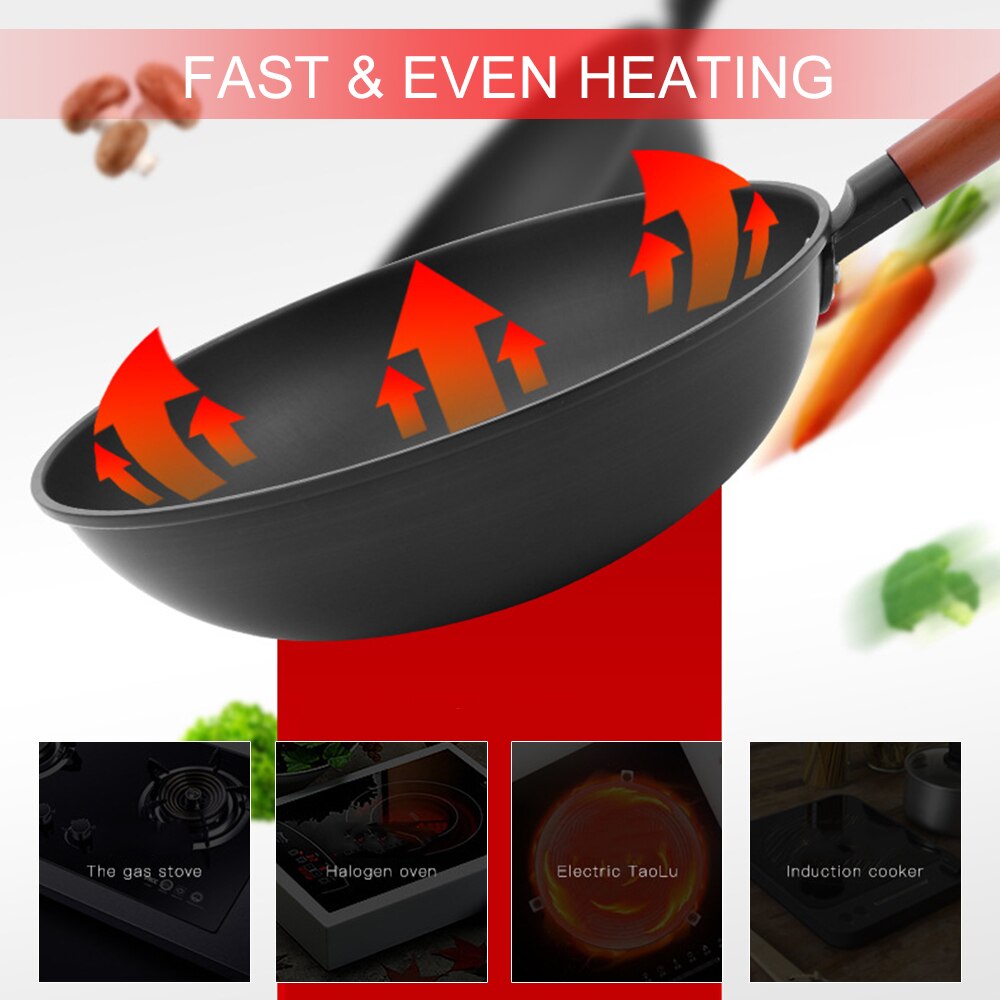 Non-stick Pan Met Deksel Gietijzeren Wok Bak Zonder Olie Rook Koekenpan Wok Zonder Fosfor Keuken Pan voor Oven Gasfornuis