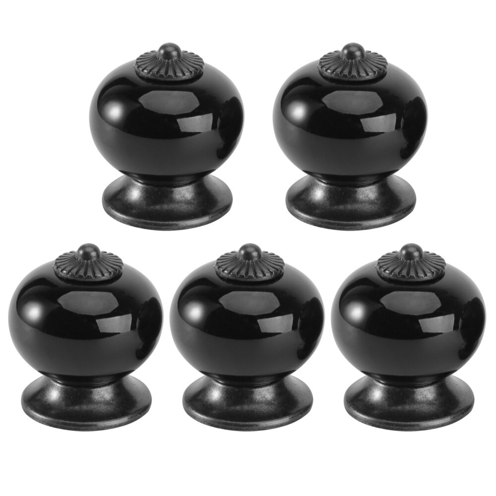 5pcs Round Ceramic Kitchen Cupboard Cabinet Drawer Door Knobs Handles (White): Black