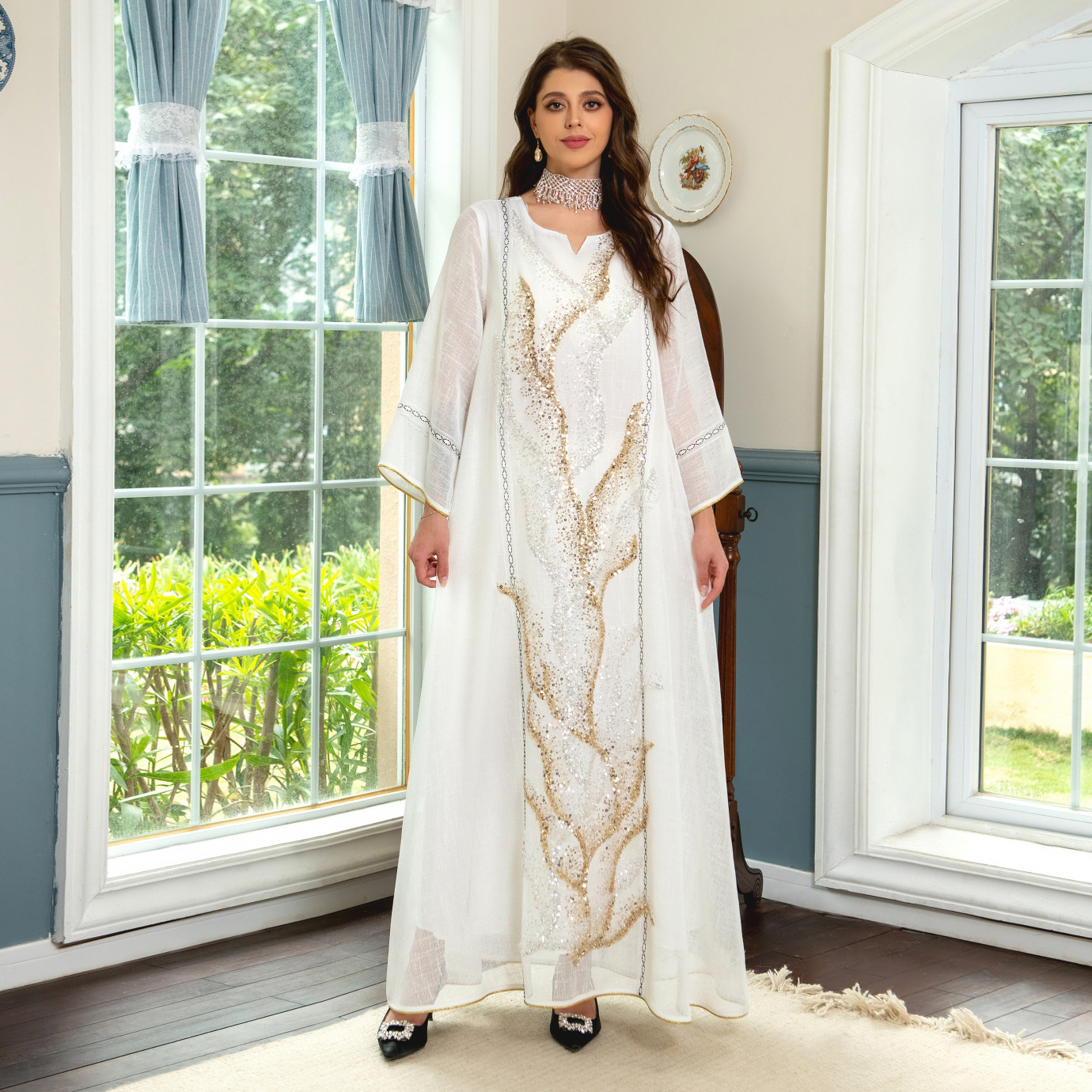 Dubai Abaya Luxury Robe Muslim Women Kaftan White Mesh Beaded Embroidered Dress Femme Morocco Jalabiya Arabic Islam Clothing