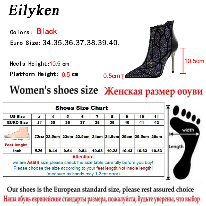 EilyKne-Botines finos de tacón alto para mujer, botas femeninas de tacón fino, brillantes, de punta estrecha con diamantes de imitación, con cremallera, para club nocturno, para invierno,