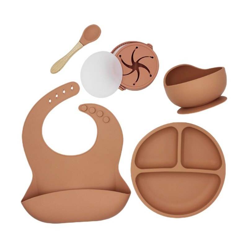 5 Pcs Baby Bibs Drooling Burp Aprons+Suction Dish Bowl+Sucker Dinner Plate+Spoon+Cup Set Silicone Tableware Kit: 2SS902449-BR