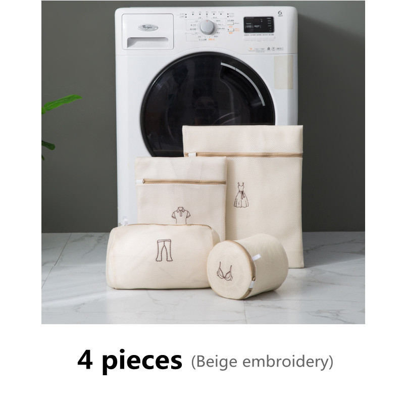 Conjunto de bolsa de lavandería bordada, bolsa para lavar ropa interior, sujetador, bolsas de lavado, cesta de lavandería de malla de poliéster, Kits de lavado plegables para el hogar, 1 Juego: Beige 4 pieces set