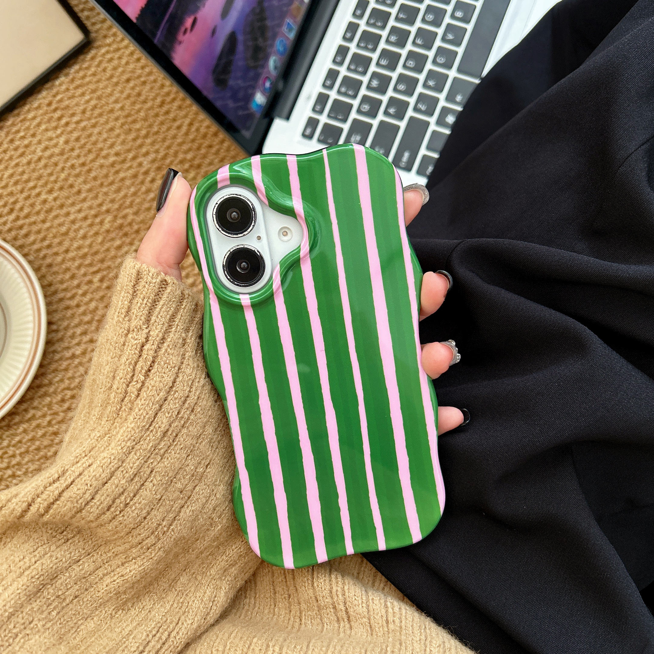 2 in 1 Glossy Stripes Phone Case for iPhone 13 14 15 16 Pro Max Wave Edges Comfortable Touch Hard Slim Back Cover Shell: Blue / For iPhone 15 Pro