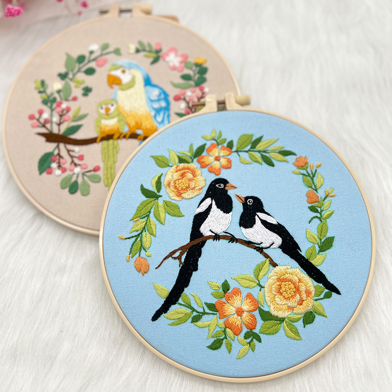 Kit de bordado de flores y pájaros para adultos principiantes, kits de punto de cruz estampados con patrón de pájaros, tela bordada estampada