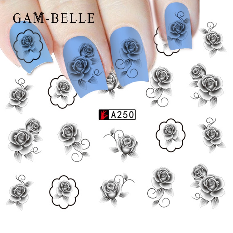 Gam-Belle 1 Pc 12 Soorten Nail Art Black Decal Water Transfer Sticker Diy Flower Rose Slider Wraps Nail papier Decoratie Manicure