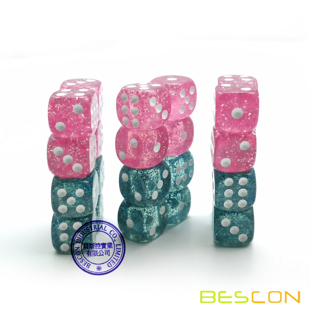 Bescon Ethereal Glitter 12mm 6 Sided Game Dice Set of 24pcs in Velvet drawstring Pouch, Pink and Teal (12pcs of each color)